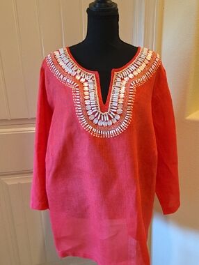 Talbots Shell Embellished Linen Tunic Top, Women 2X